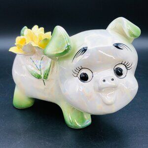 Vintage NORCREST Iridescent Piggy Coin Bank, Green Lusterware, 3D Yellow Flowers